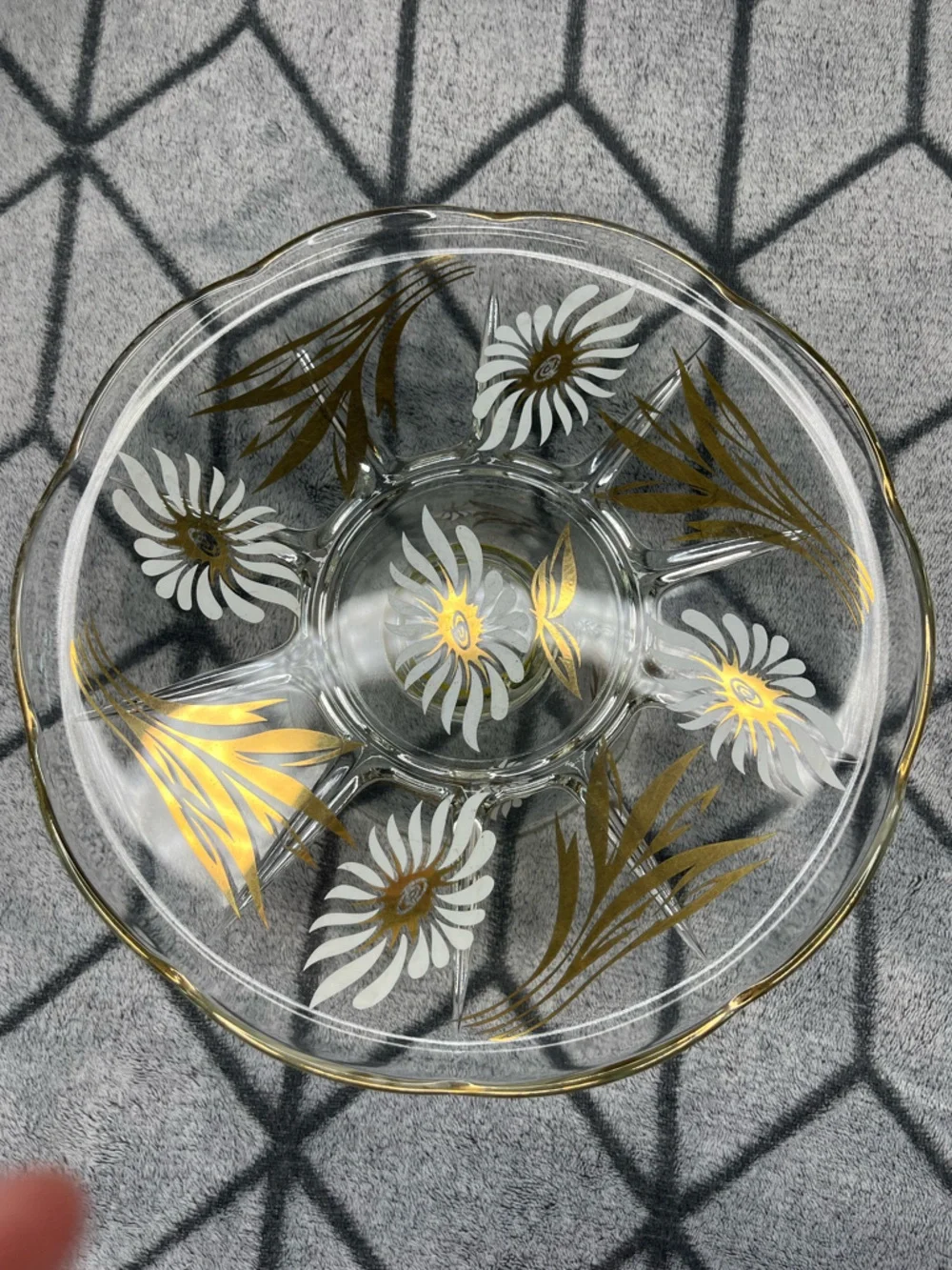 Vintage Mid-Century Glass Cake Stand White Daisy & Gold Floral Serving Plate